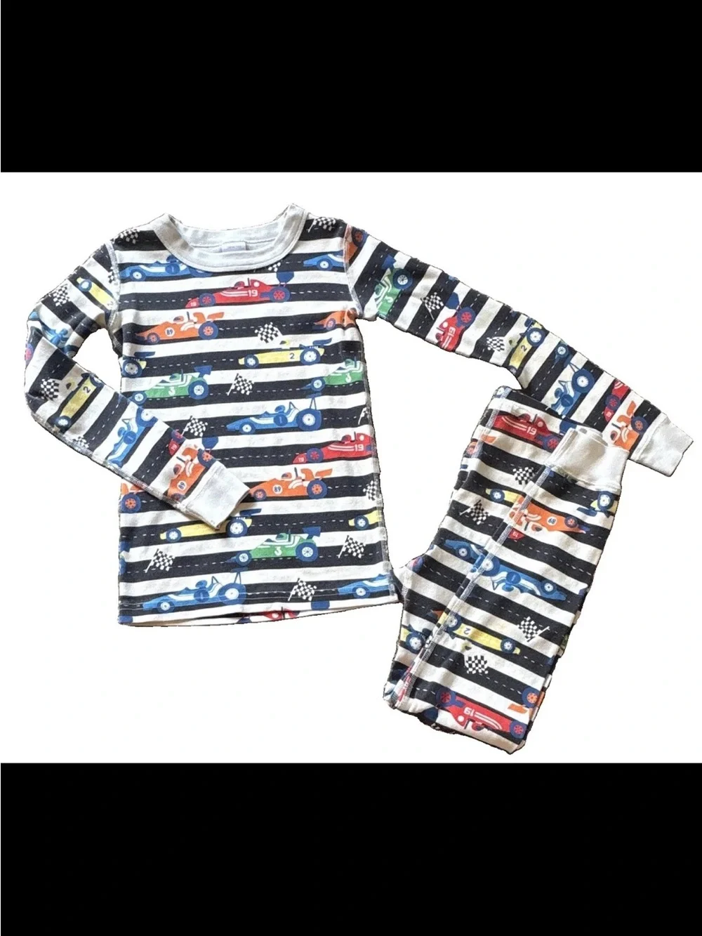 Hanna Andersson Black & White Stripe Race Car Pajama Set with Multicolor Cars